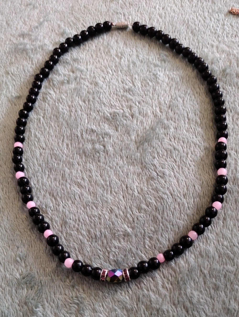 Black and Pink Gemstone Bead Necklace with Accent Crystal